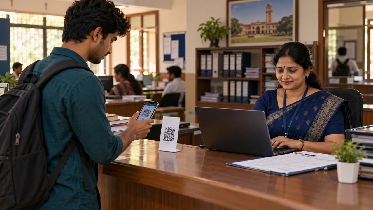 A student pays at a university finance counter while the finance officer updates the invoice