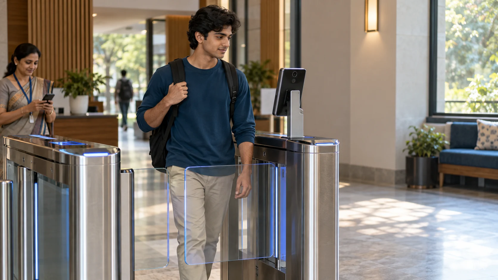 A student passes a configured university access turnstile