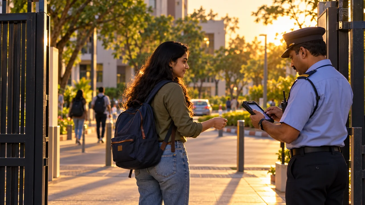 Security checks a student’s permission at a university gate