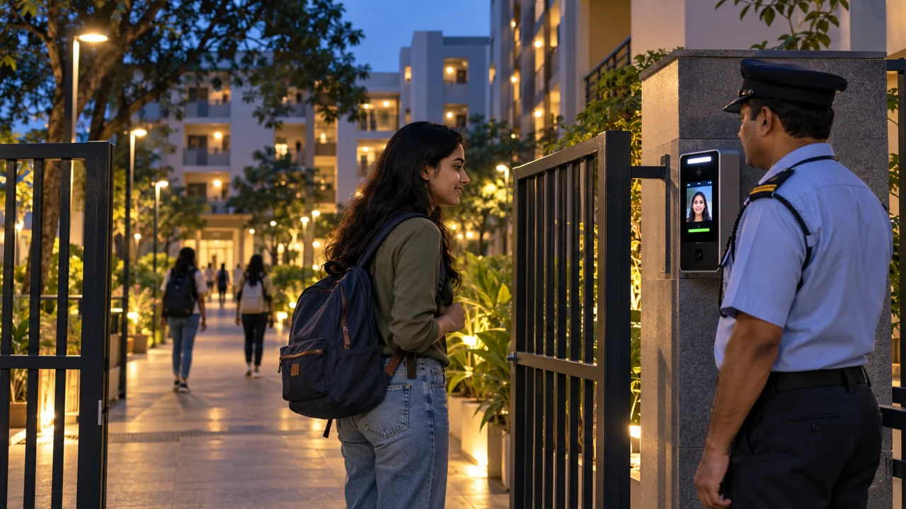 A student uses a face recognition device at a university hostel gate while security oversees access
