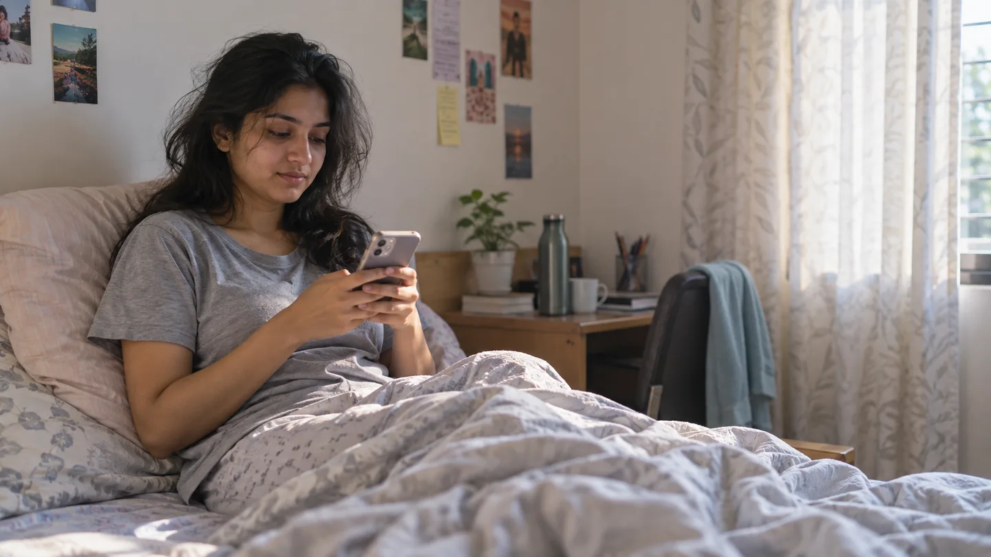 A student checks her phone in her hostel room in the morning