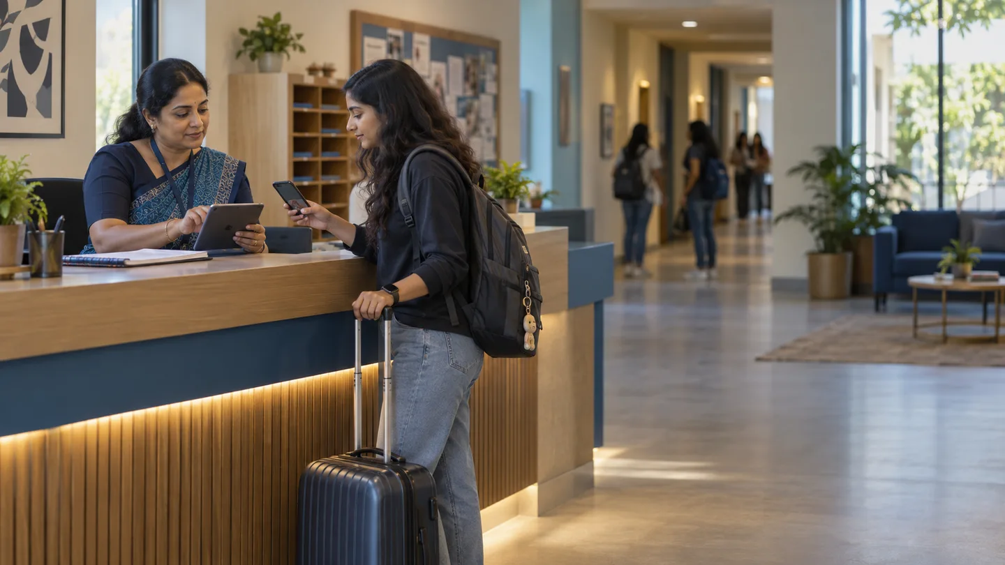 University student arriving for hostel check-in