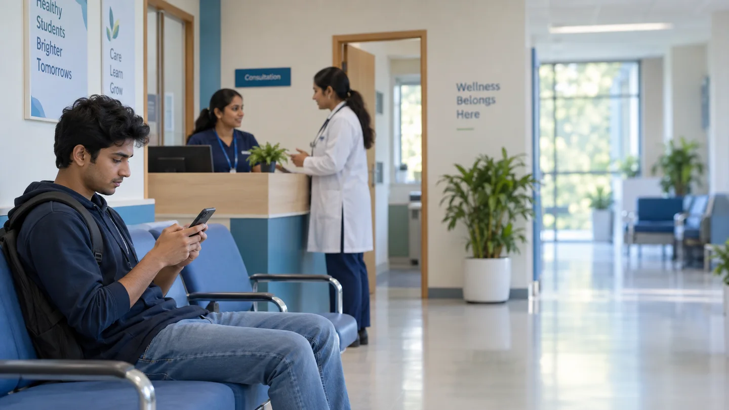 Student using a phone in a campus clinic waiting area