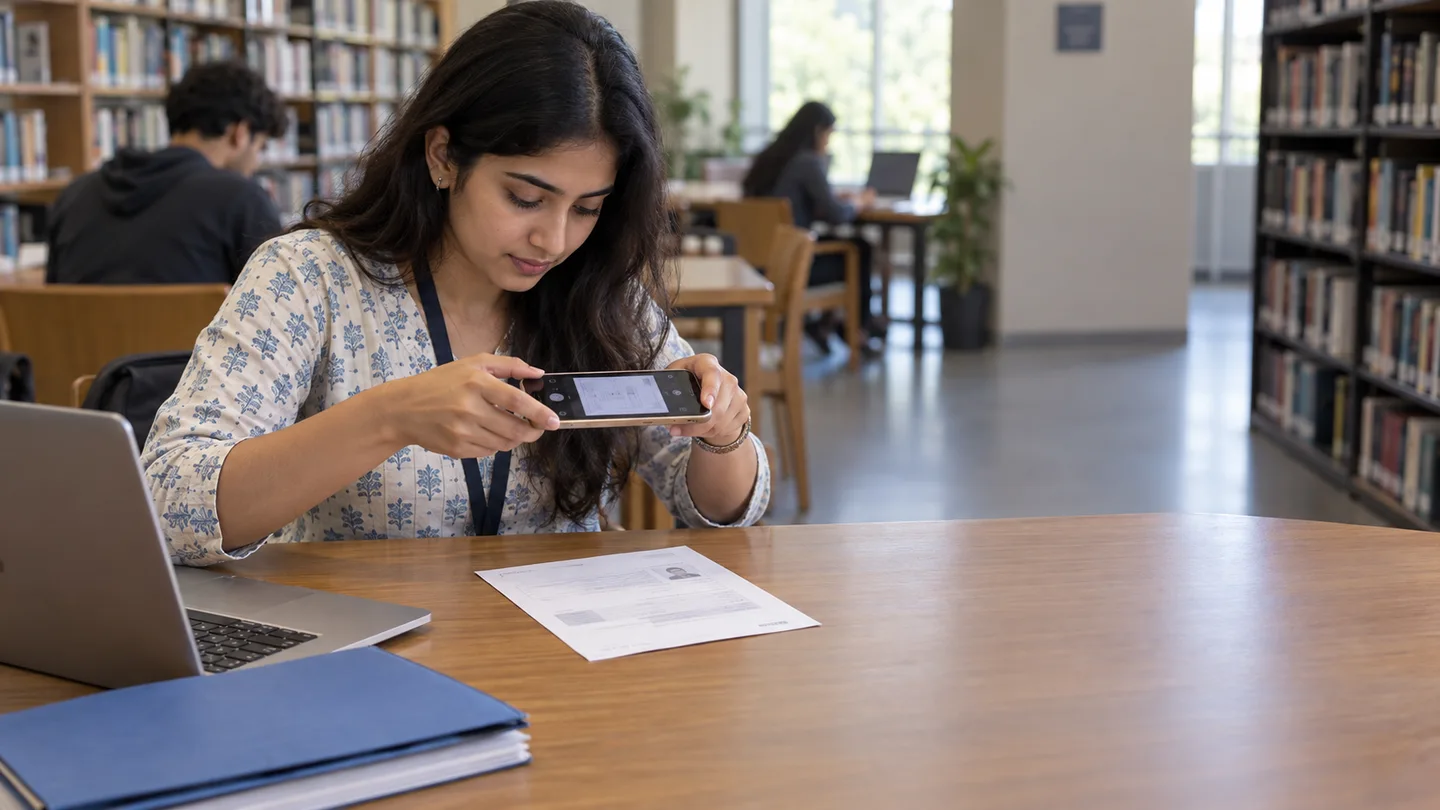 A student prepares campus documents using her phone