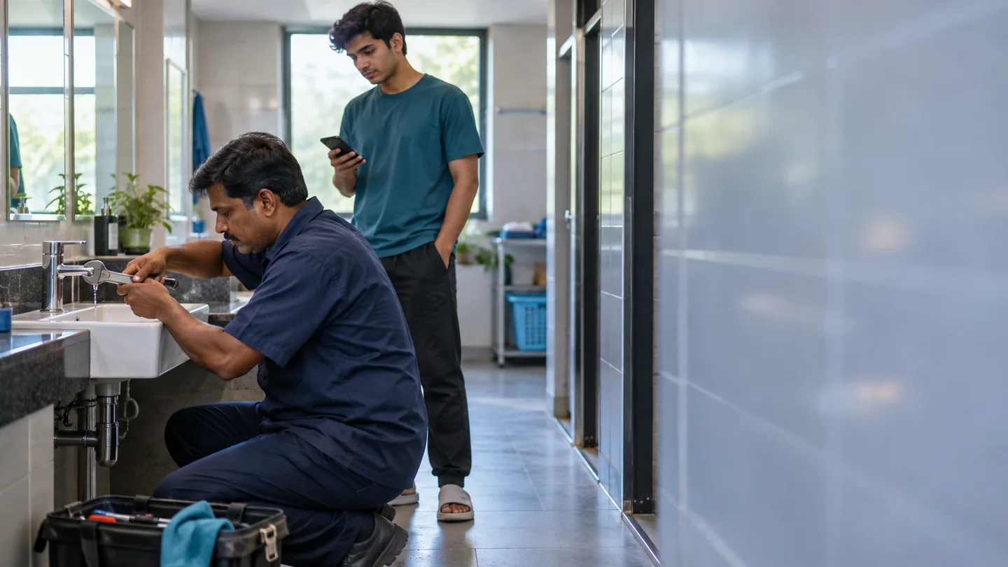 Campus maintenance team attending a hostel issue