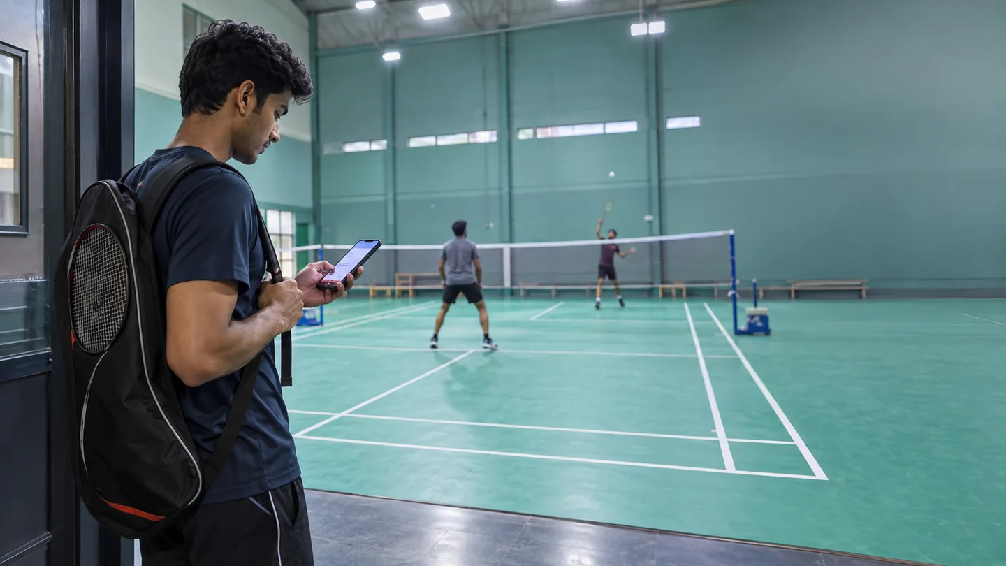 Student using a phone near a campus sports facility