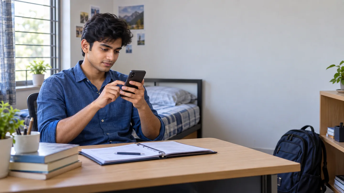 University student using a phone in a hostel room