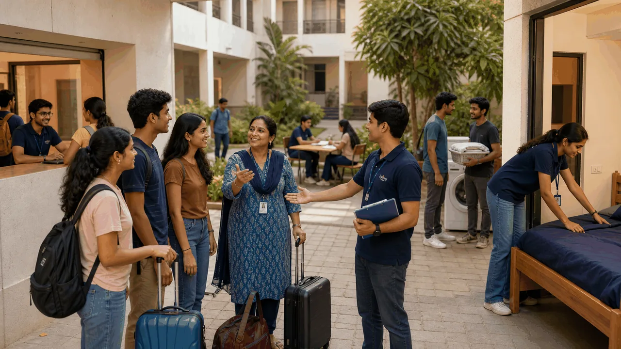 New students joining a welcoming first-week orientation inside an Indian university hostel.