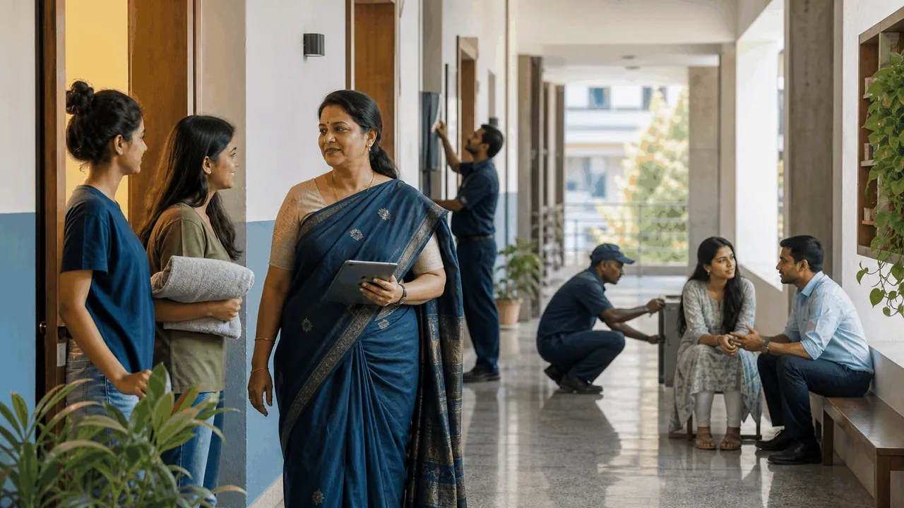 University hostel warden in India coordinating resident support, staff handover and safety follow-up.