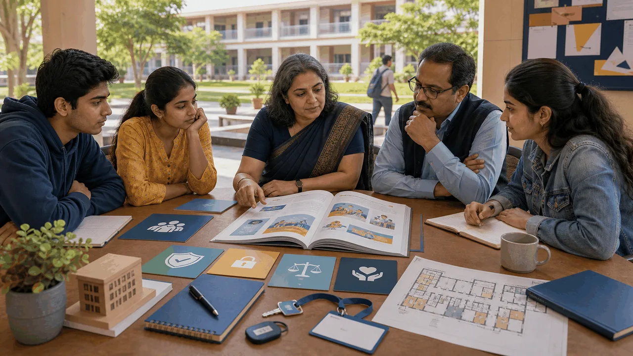 Indian university administrators reviewing a hostel policy and resident handbook with students.
