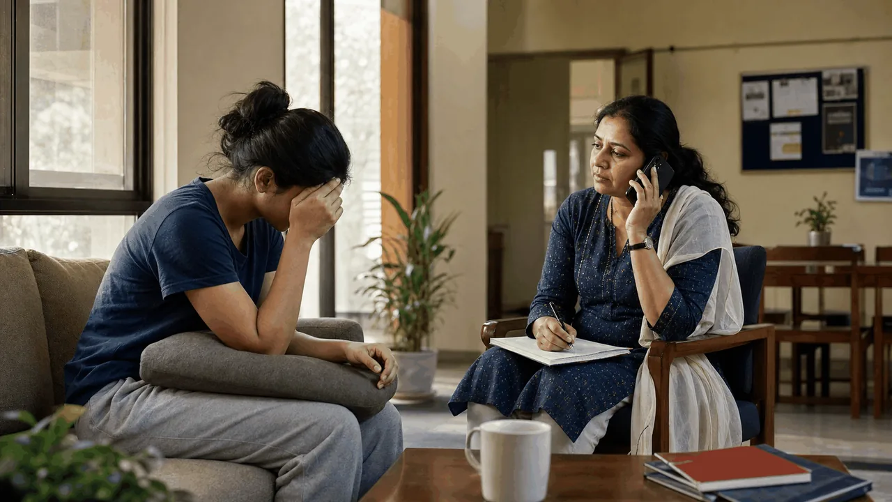 Hostel warden offering calm support while connecting a distressed student with professional help.