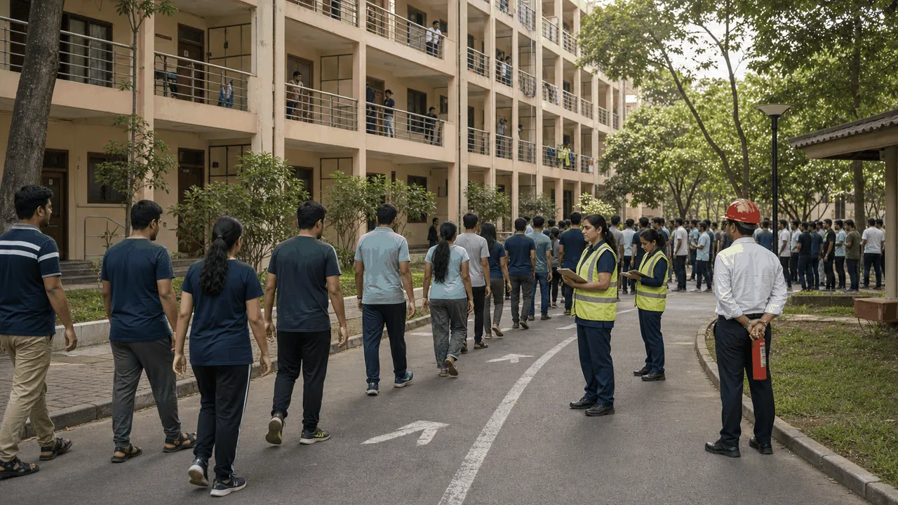 University hostel residents and staff participating in a supervised evacuation drill.