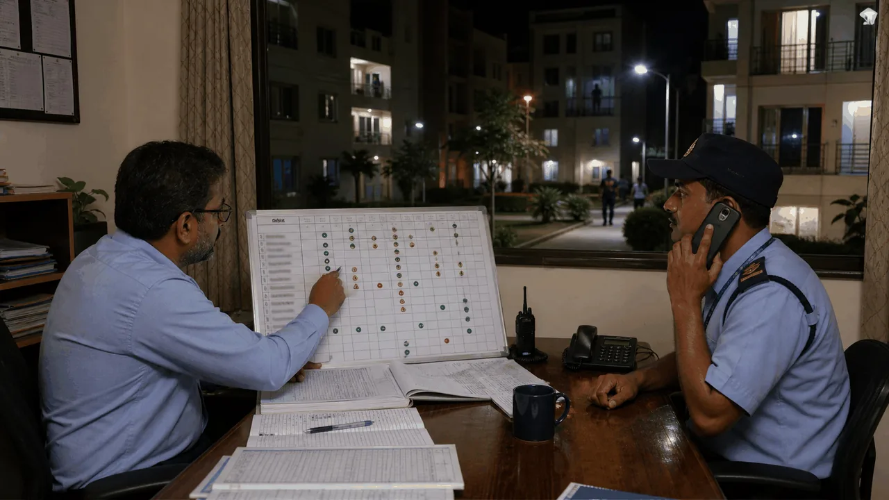 Indian university hostel night-duty team reconciling resident attendance and safety alerts.