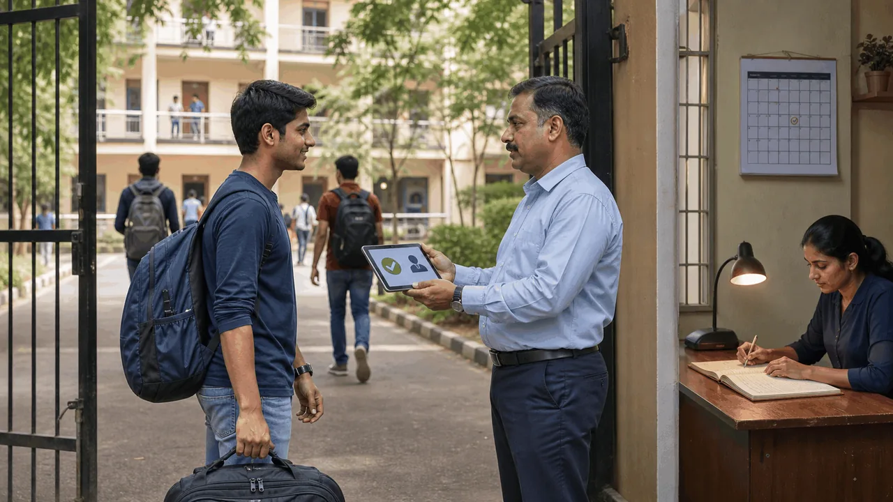 University hostel resident in India submitting a leave request while a warden reviews the movement record.