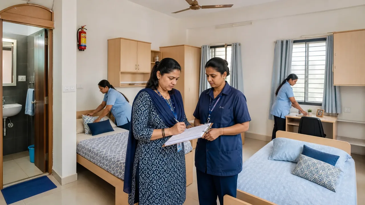 Hostel warden and facilities team inspecting a prepared student room before arrival.