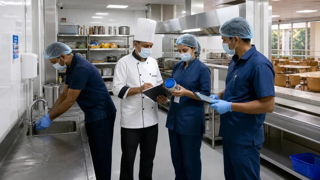 University mess team inspecting kitchen hygiene and equipment before reopening.