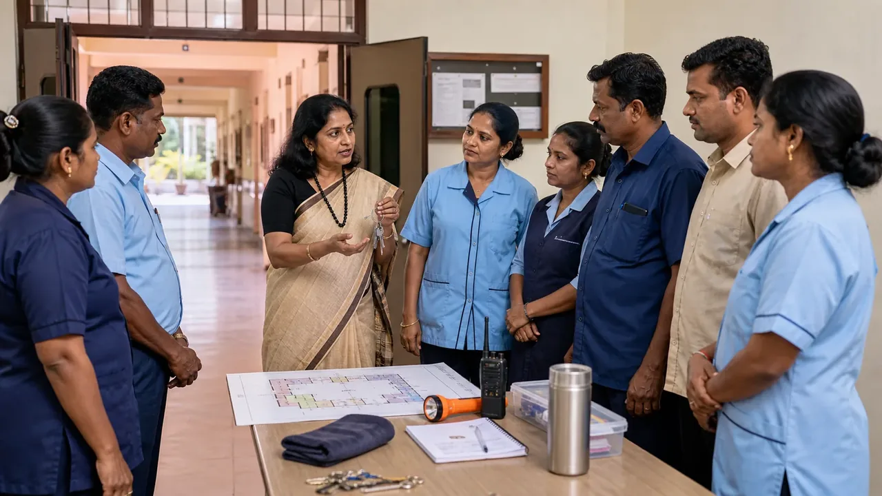 Hostel director leading practical induction for wardens, caretakers and service staff.