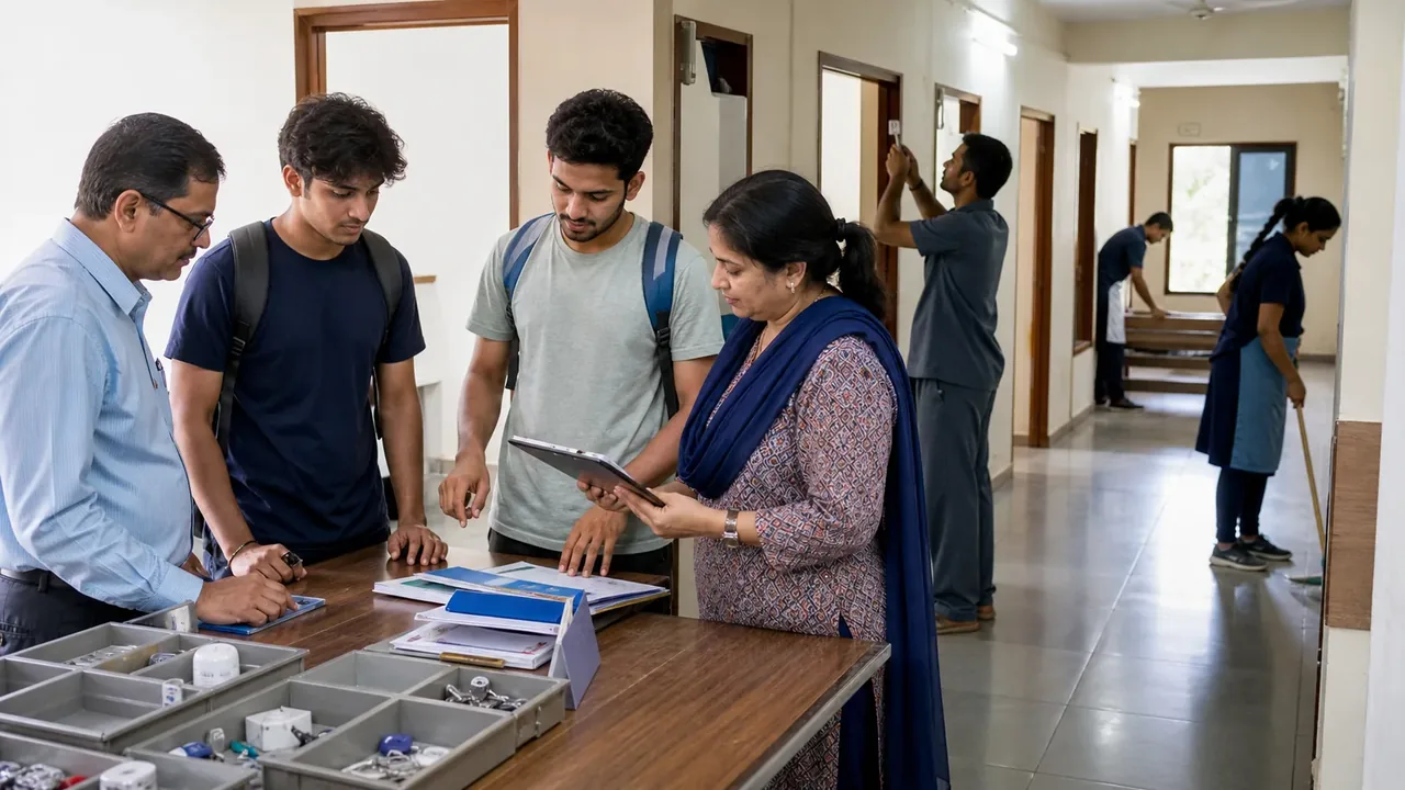Warden and facilities team completing hostel semester checkout and room turnover.