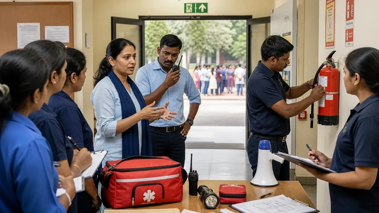 Hostel team conducting a calm emergency communication and equipment readiness drill.