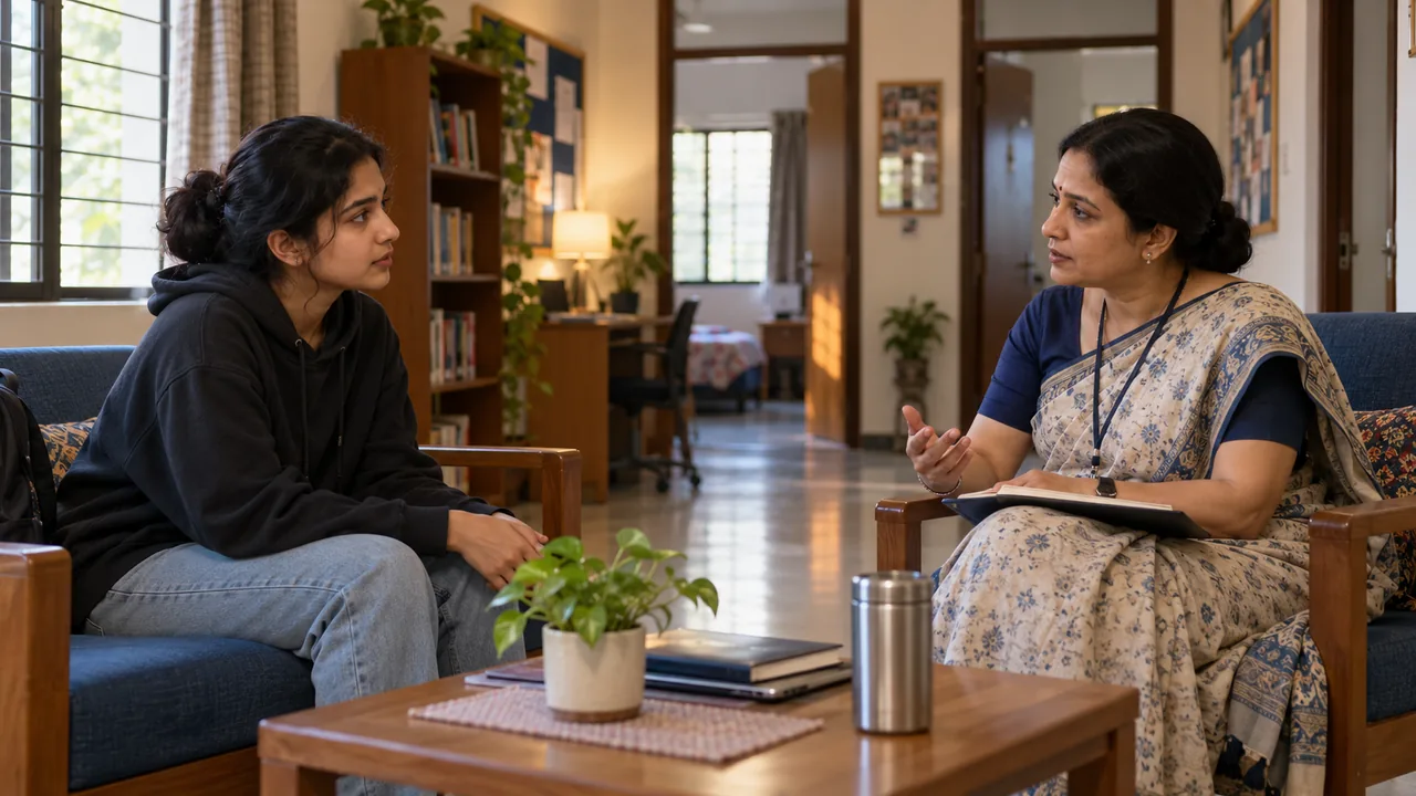 Hostel warden holding a calm private conversation with a university student