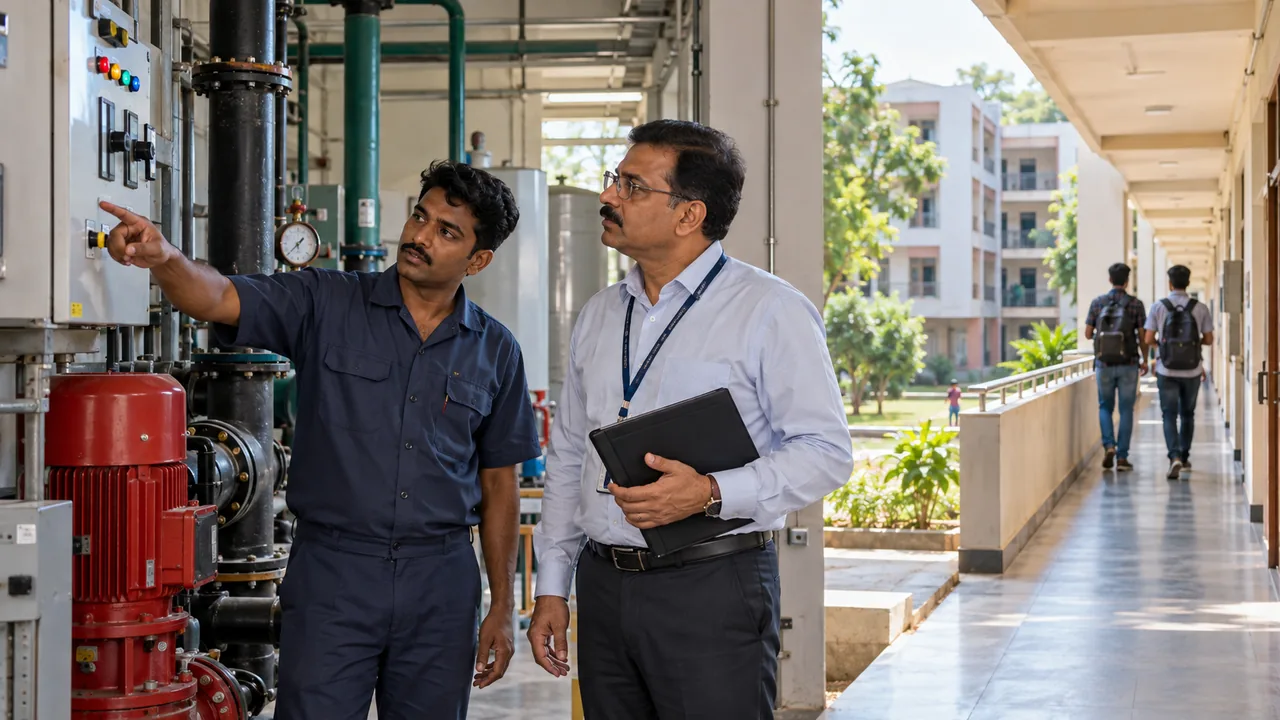 Campus facility manager inspecting a university hostel maintenance area
