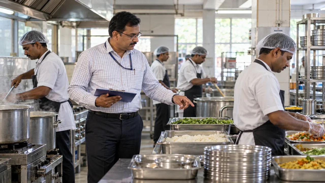 University mess manager reviewing food-service operations with the kitchen team