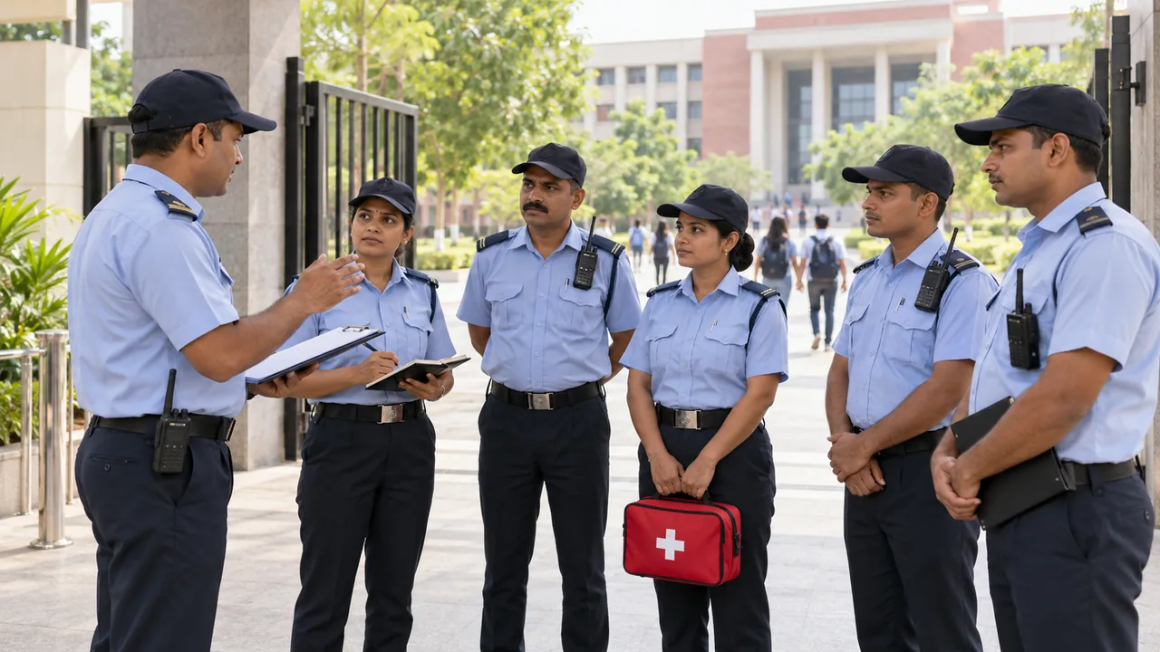 University security team receiving a respectful shift briefing at a campus entrance