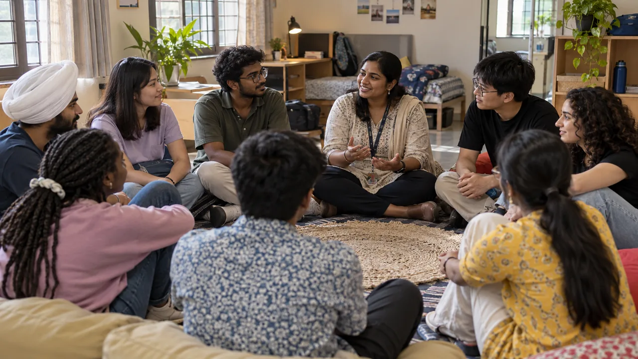 A diverse group of university hostel residents participating in an inclusive community meeting.