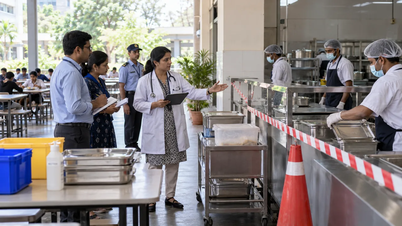 University mess and medical teams coordinating response to suspected foodborne illness.
