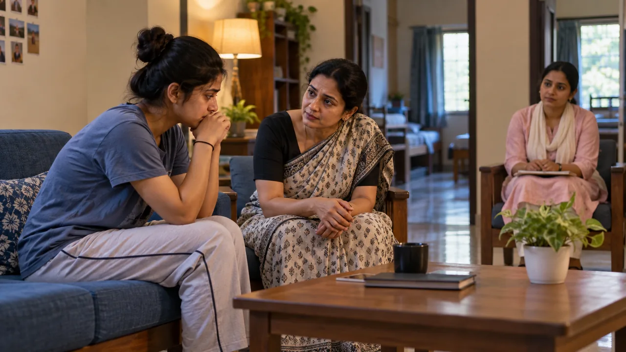 A hostel warden having a calm private conversation with a distressed university student.
